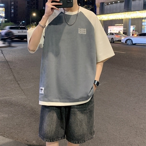 2026夏装男圆领拼色拼接麂皮绒五分袖短袖T恤 T800/P35 灰色图片