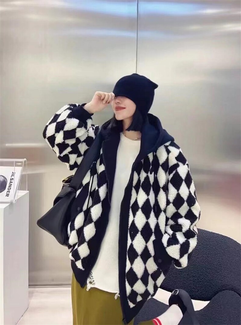 菱形格连帽颗粒外套，其它，靓依蝶菲