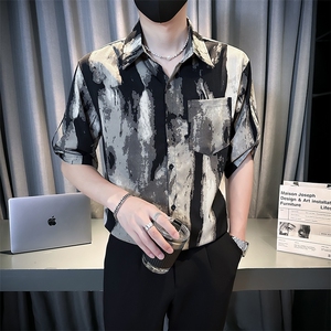 小伙宽松冰丝垂感衬衫男度假风短袖复古花衬衣A236--P50图片