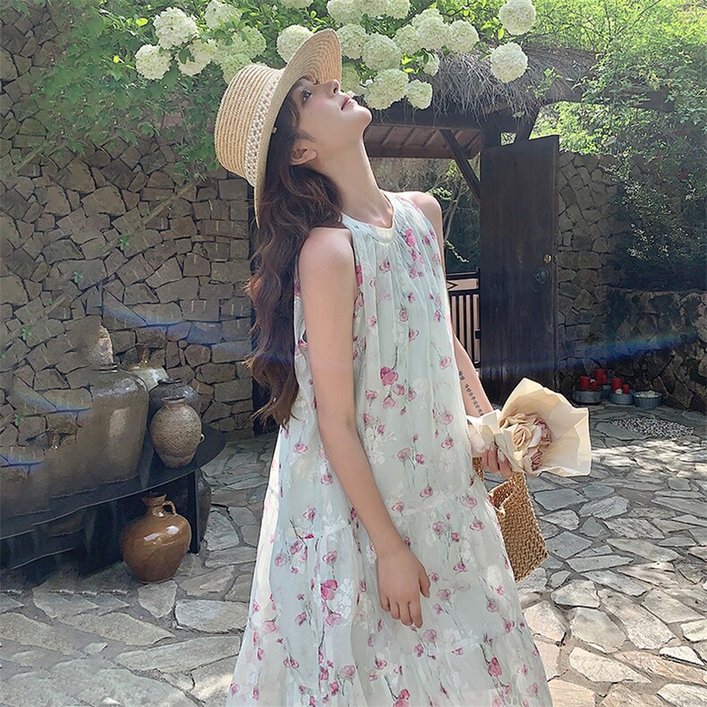 高级感海边度假扎染印花无袖露肩挂脖长裙女夏新款温柔茶歇连衣裙,女装连衣裙,浙宝305