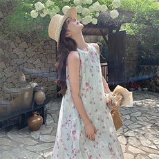 高级感海边度假扎染印花无袖露肩挂脖长裙女夏新款温柔茶歇连衣裙，女装连衣裙，浙宝305