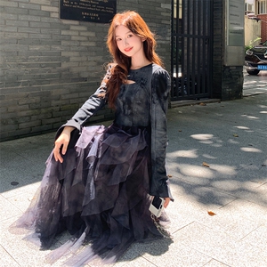 温柔千金风穿搭紫色吊带连衣裙加开衫女春秋超火好看高级长裙套装图片