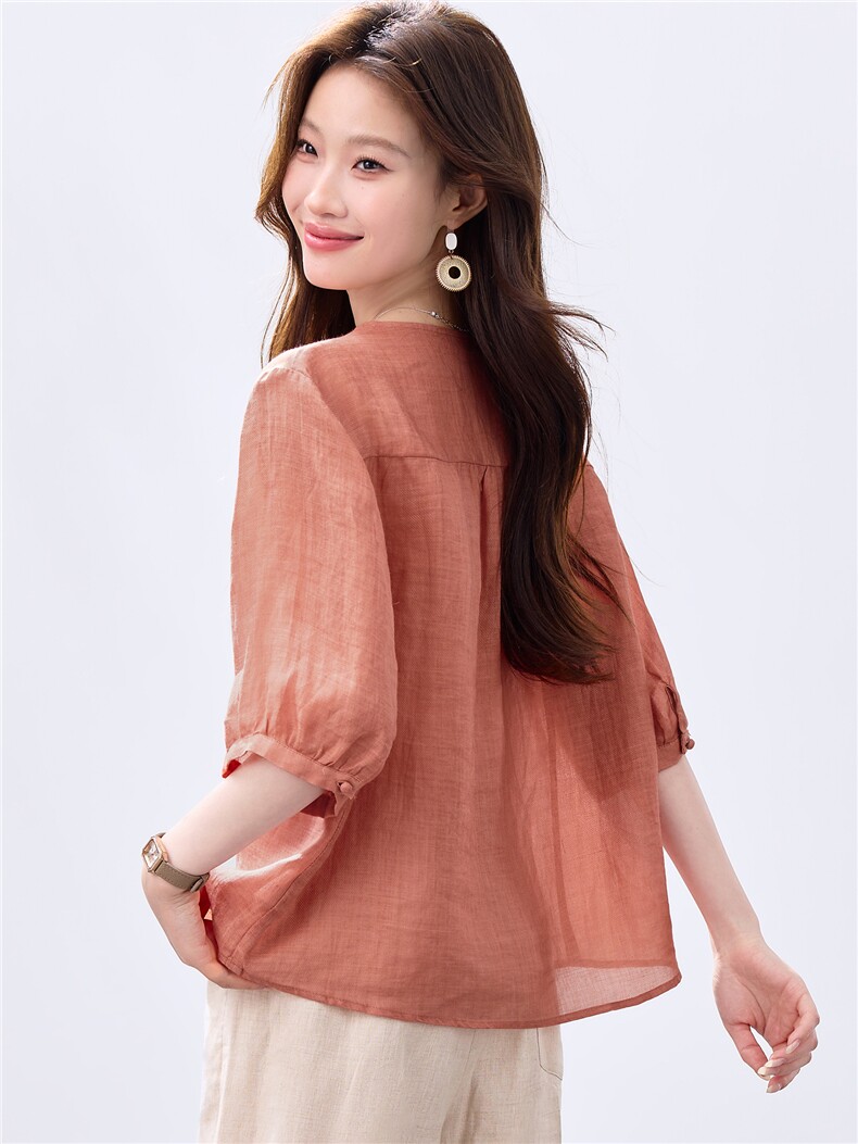 2026夏季苎麻时尚简约大方气质优雅刺绣休闲透气上衣,女装衬衫,独衣靓