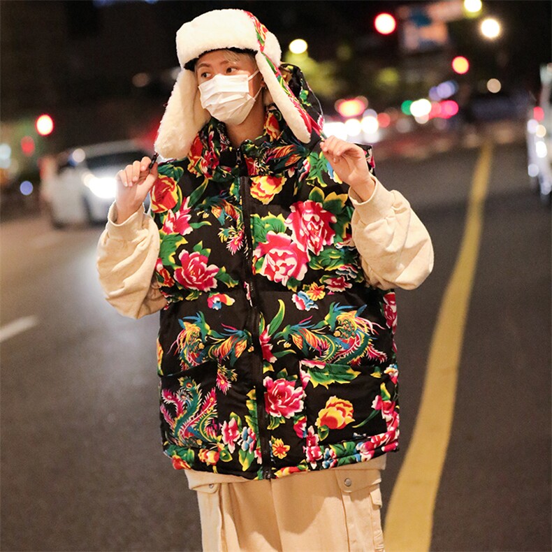 M4风东北大花棉马甲外套大码宽松秋冬汉服外衣坎肩背心连帽，女装马甲，星座115A(原星座507）