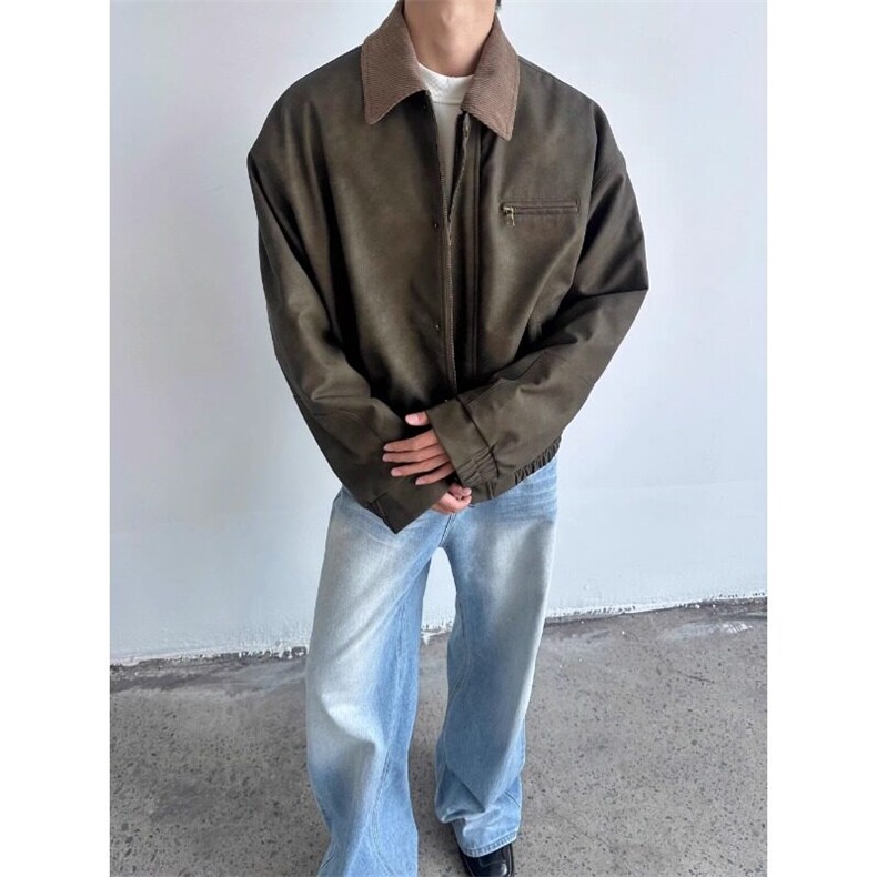 美式街头灯芯绒领拼扎染皮衣外套男款宽松休闲复古做旧飞行员夹克,男装皮衣,星座506A