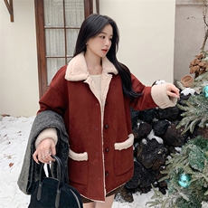 红色皮毛一体羊羔毛外套女2025秋冬新款小个子加绒加厚保暖棉服潮，女装毛呢外套，2C213