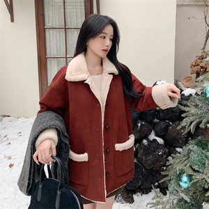 红色皮毛一体羊羔毛外套女2025秋冬新款小个子加绒加厚保暖棉服潮图片