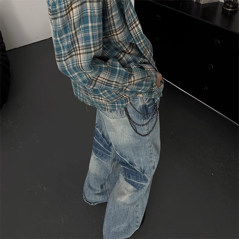 洗蓝色直筒牛仔裤男宽松阔腿美式高街潮牌cleanfit裤子ND780,男装牛仔裤,星座208-5