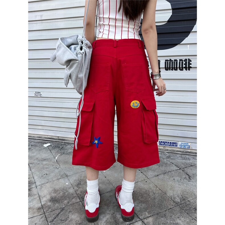 77lin美式植绒刺绣工装牛仔七分裤男女2025夏季宽松休闲阔腿短裤,男装牛仔裤,星座1210-1