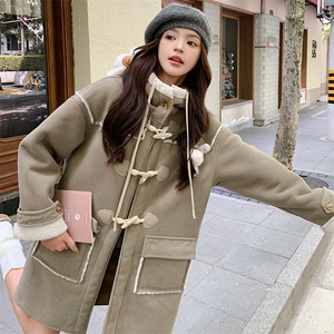 连帽灯芯绒皮毛一体外套可爱可拆卸玩偶棉服图片