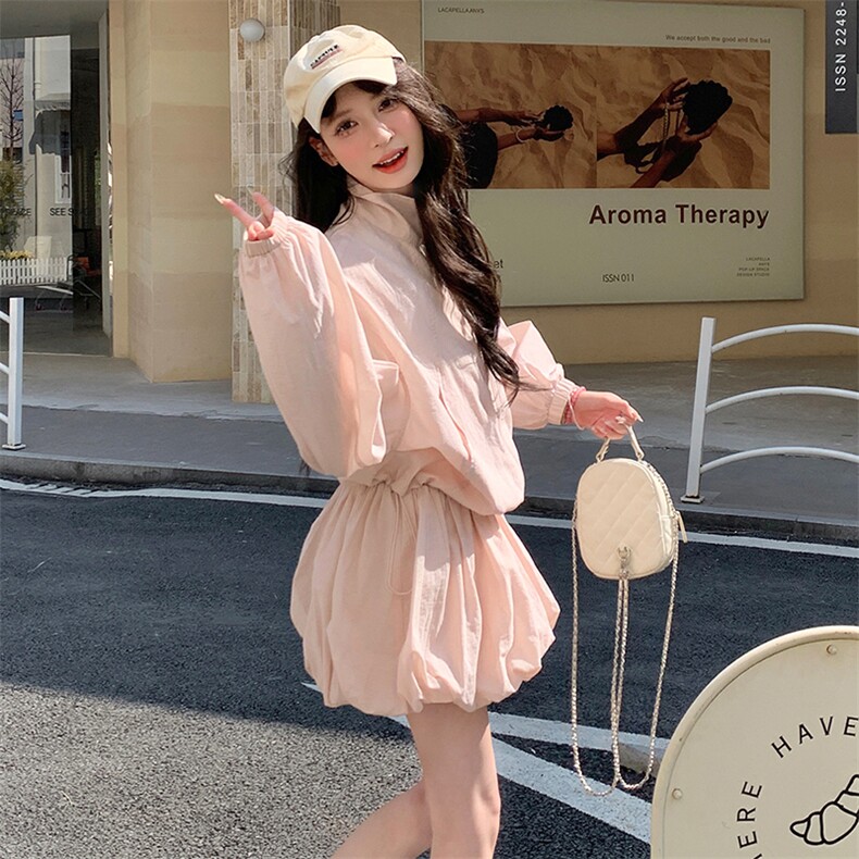 粉色立领防晒外套A字短裙套装女2025年夏季设计感清爽简约两件套,女装套装/套裙,2C085
