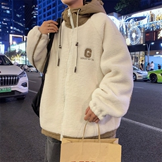 羊羔毛连帽双拼色假两件棉衣字母刺绣外套保暖棉衣8608-p135，男装棉衣，电商A006