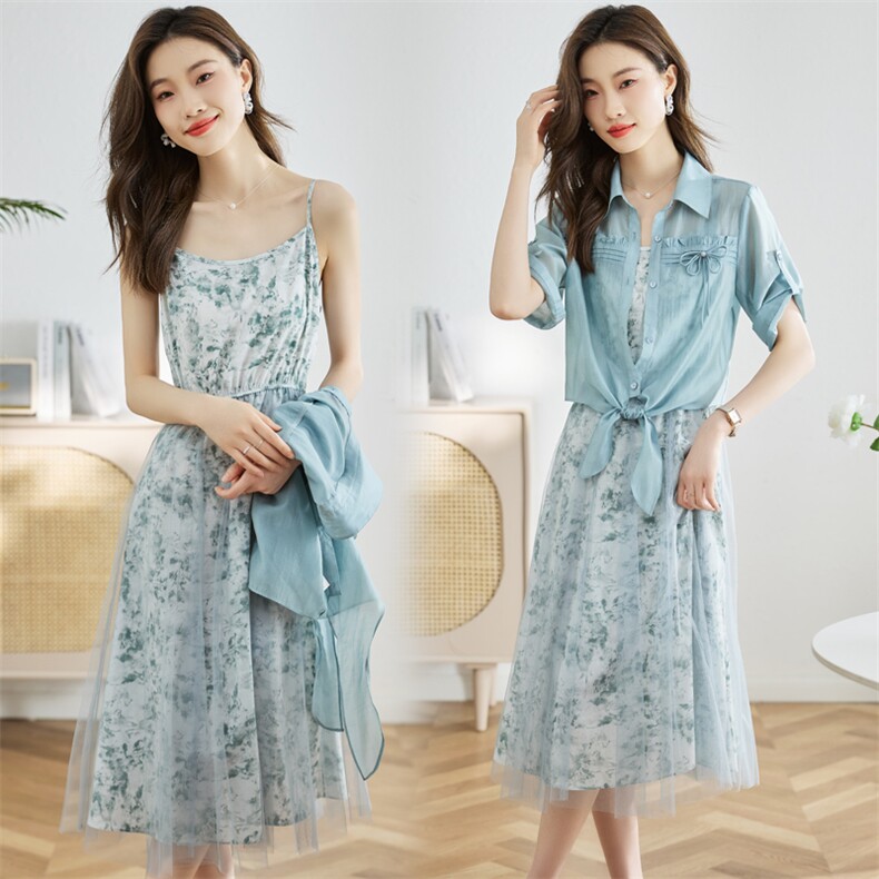 夏大码修身复古碎花吊带网纱中长A字连衣裙短袖轻薄短外套套装女，女装套装/套裙，采品优优