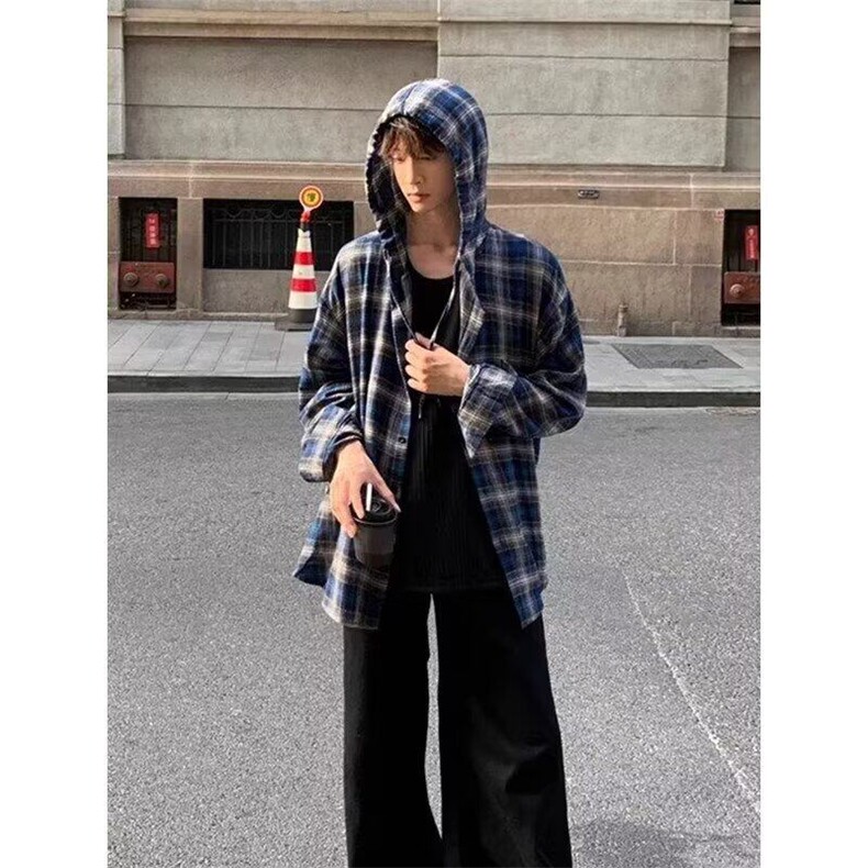 美式复古连帽蓝色格子衬衫男春夏2025薄款长袖设计感痞帅衬衣外套,男装衬衫,星座506A