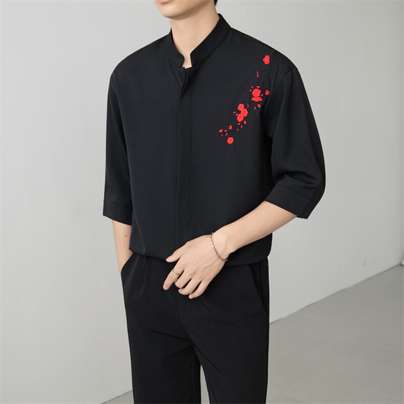 小伙立领纯色衬衫男休闲宽松风刺绣衬衣轻熟风A236-82571-P55,男装衬衫,电商A236