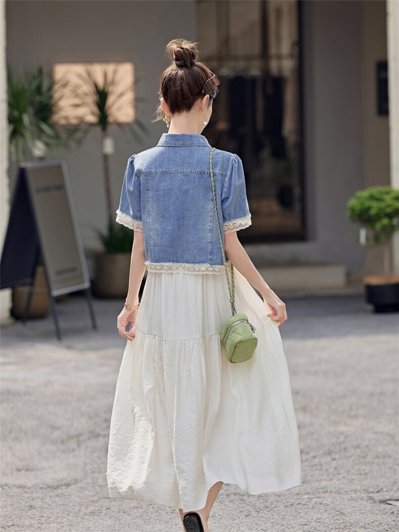 夏季新款米白色吊带连衣裙+蕾丝拼接牛仔外套女两件套套裙,女装套装/套裙,微微衣阁