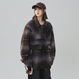 秋冬美式复古毛呢拼接皮衣格子美拉德外套情侣 225-2-610-p100图片