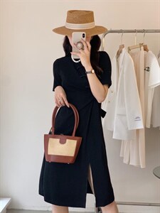 香丽迪2022年夏季新款拼接连衣裙女针织短袖圆领修身高腰图片