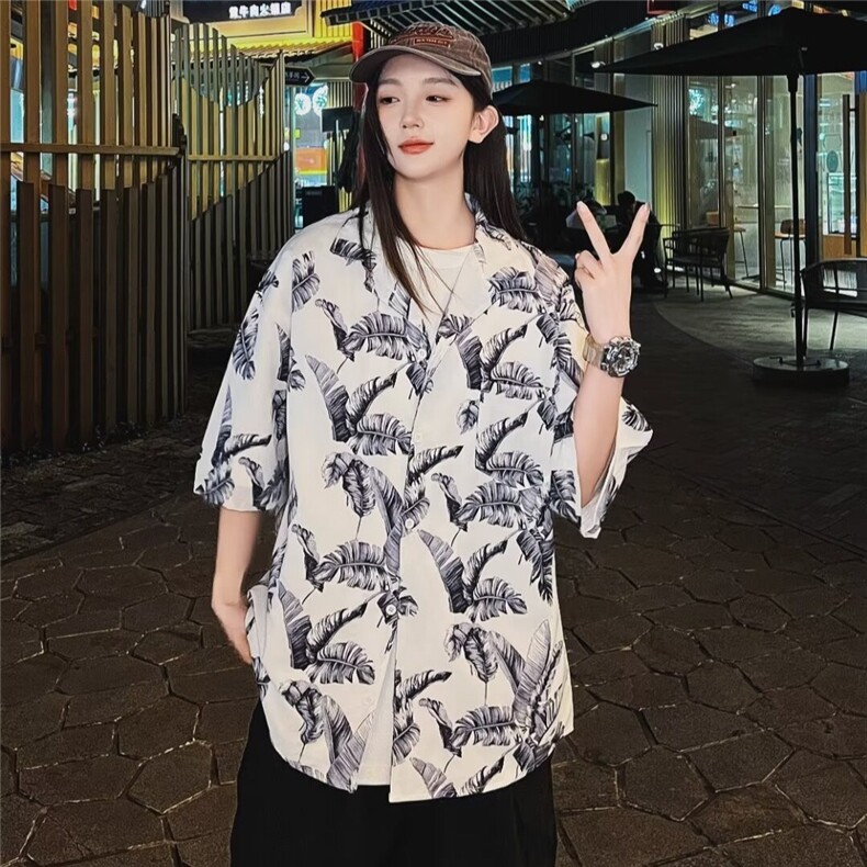 芭蕉叶印花夏季衬衫男女短袖韩版潮流帅2024新款ins外套CY858-P29,男装衬衫,星座412-3