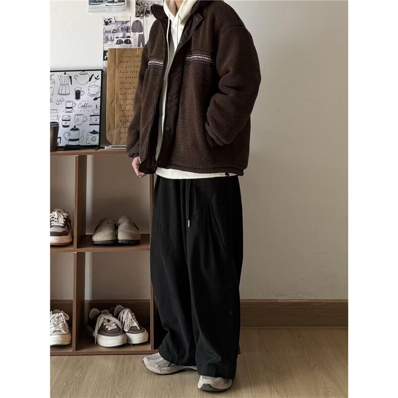 日系男装复古纯色宽松工装裤阔腿百搭松紧腰设计休闲长裤子男,男装休闲裤,星座506A