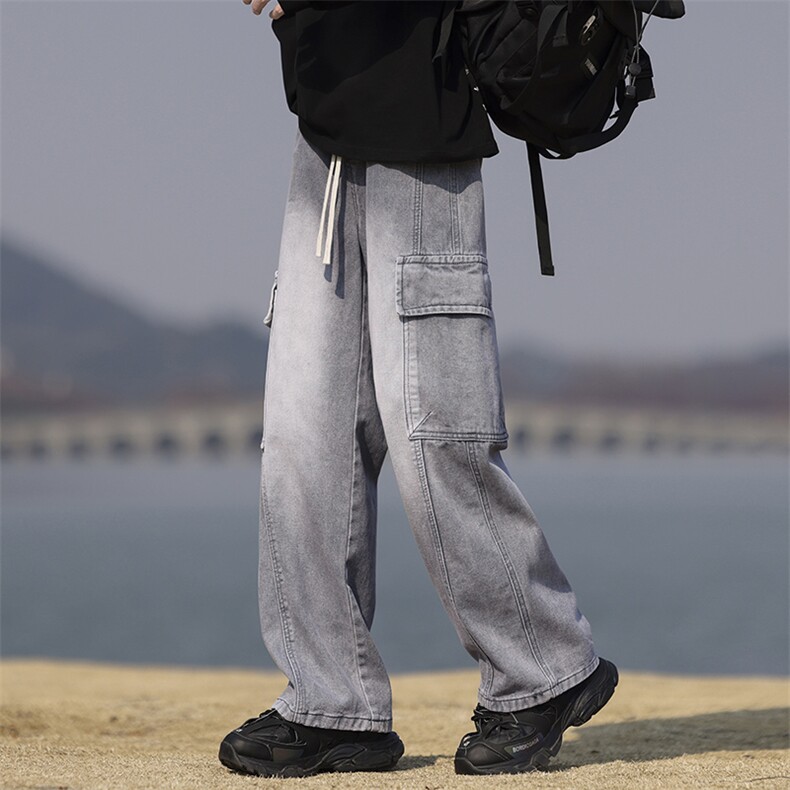 【现货】秋季新款美式复古工装口袋拼接宽松阔腿裤牛仔男816-P50,男装牛仔裤,星座1006