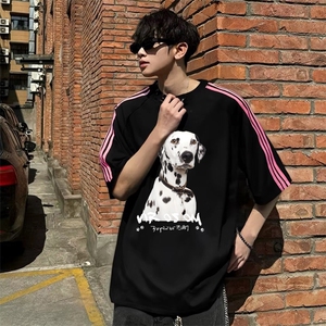 抖音得物品质二开240克宽松纯棉美式潮牌印花三条杠中性风短袖T恤,男装T恤,电商A486-1