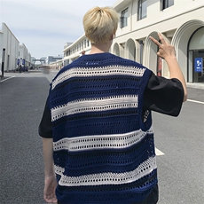 针织背心男韩版潮流条纹V领帅2024夏季新款ins宽松外套W4845-P35，男装背心/马甲，星座412-3