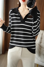 春秋新款黑白条纹POLO领针织衫女薄款长袖打底衫短款宽松内搭上衣，女装针织衫/毛衣，暖姿羊绒