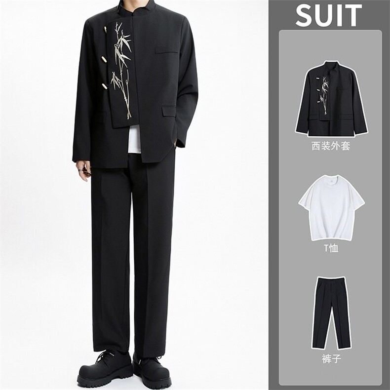 新中式男士礼服订婚礼不规则西装套装风立领金竹刺绣中山装西服图片