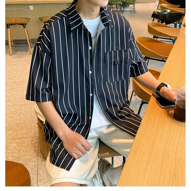 2025夏新款文艺休闲条纹短袖衬衫C3040P35,男装T恤,星座1108