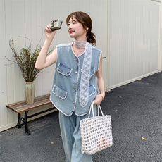 2025夏季新款蕾丝花边拼接包边牛仔套装女设计感马甲阔腿裤两件套，女装套装/套裙，2C037