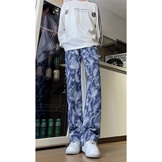 现货美式复古迷彩工装裤宽松直筒提花牛仔裤男K5822-P50控78，男装牛仔裤，星座205