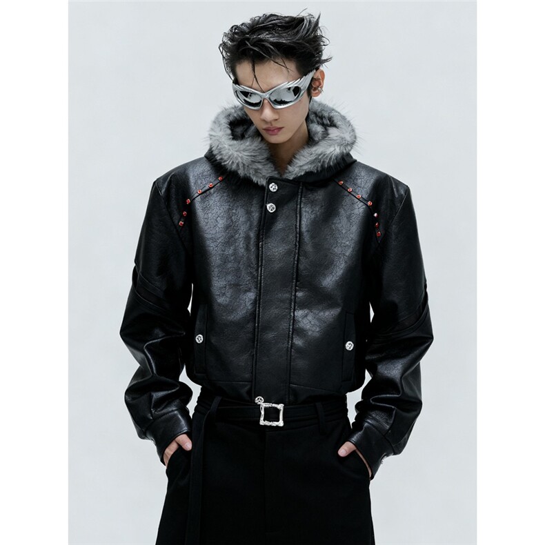 冬季高级脊煞里布毛绒连帽座山雕男皮毛一体加绒皮夹克棉服外套潮,男装夹克,星座715-4