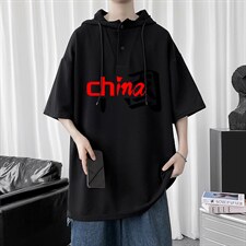 LD54189-P45连帽短袖t恤男大码胖子带帽五分袖中袖，男装T恤，电商A040