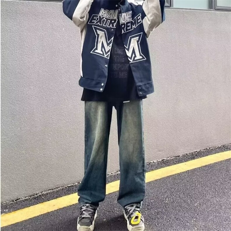 渐变色裤子ins高街潮ins秋冬阔腿牛仔裤男款宽松直筒老爹裤,男装牛仔裤,星座1210-1