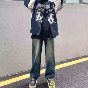 渐变色裤子ins高街潮ins秋冬阔腿牛仔裤男款宽松直筒老爹裤图片