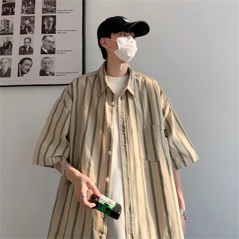 夏季复古条纹短袖衬衫男潮牌街头宽松休闲百搭衬衣外套GC808-P35图片