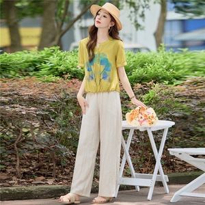 文艺气质休闲减龄套装女2025夏新款时尚印花短袖衬衫阔腿裤两件套图片