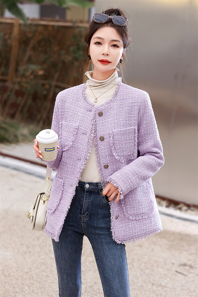 紫色小香风外套女秋冬2023新款温柔风淑女气质名媛粗花呢加厚上衣,女装羽绒服,众宇琦