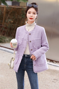 紫色小香风外套女秋冬2023新款温柔风淑女气质名媛粗花呢加厚上衣图片