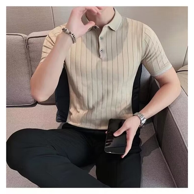 网图休闲透气人字纹提花短袖POLO衫男士修身冰丝条纹针织翻领T恤,男装T恤,星座410-6（原星座1304-1）