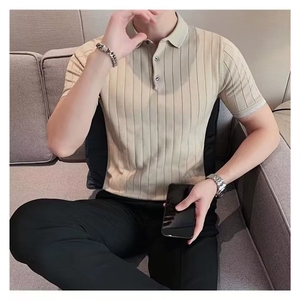 网图 休闲透气人字纹提花短袖POLO衫男士修身冰丝条纹针织翻领T恤图片