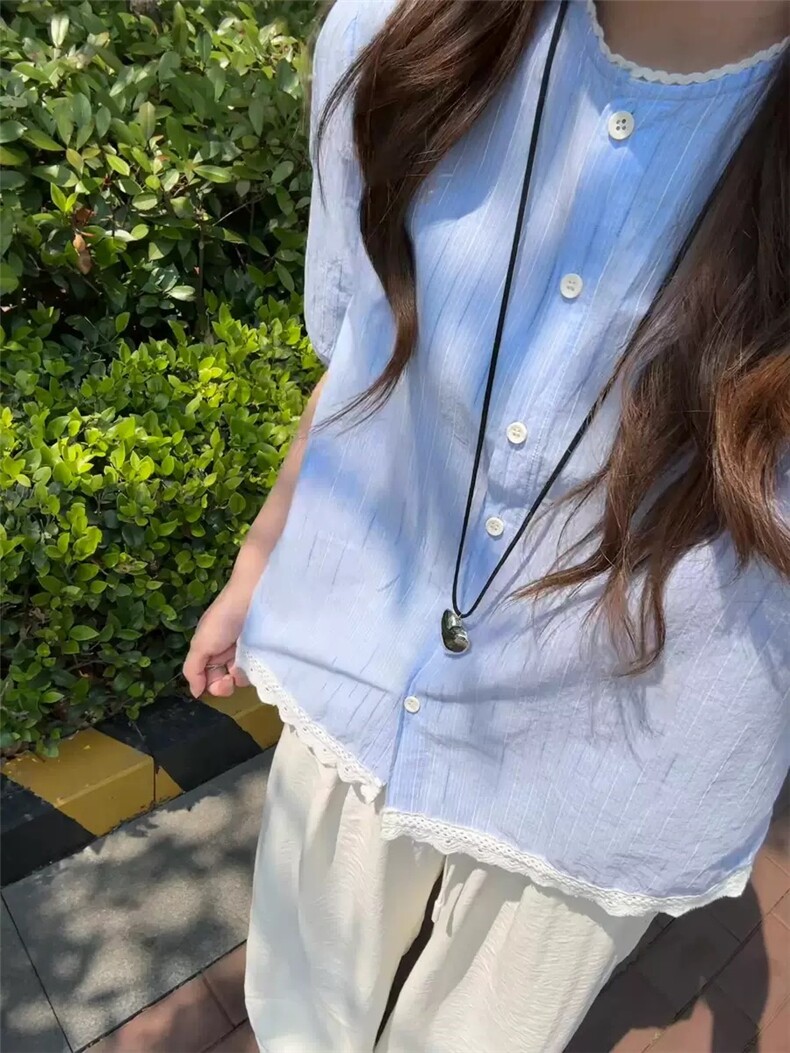 2025夏季新款肌理条纹设计感花边拼接短袖衬衫,女装T恤,湘姗