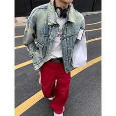 复古破洞牛仔外套男款宽松做旧涂鸦水洗翻领牛仔夹克JK1084-P78，男装夹克，星座1103-3