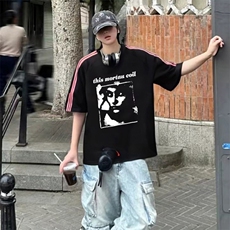 抖音得物品质二开240克宽松纯棉美式潮牌印花三条杠中性风短袖T恤，男装T恤，电商A486