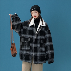 毛呢羊羔绒外套秋冬格子加绒加厚棉服美式高街外套A170-M809-P128，男装棉衣，电商A170