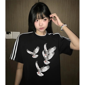 抖音得物高品质二开240克宽松纯棉美式潮牌三条杠织带短袖T恤