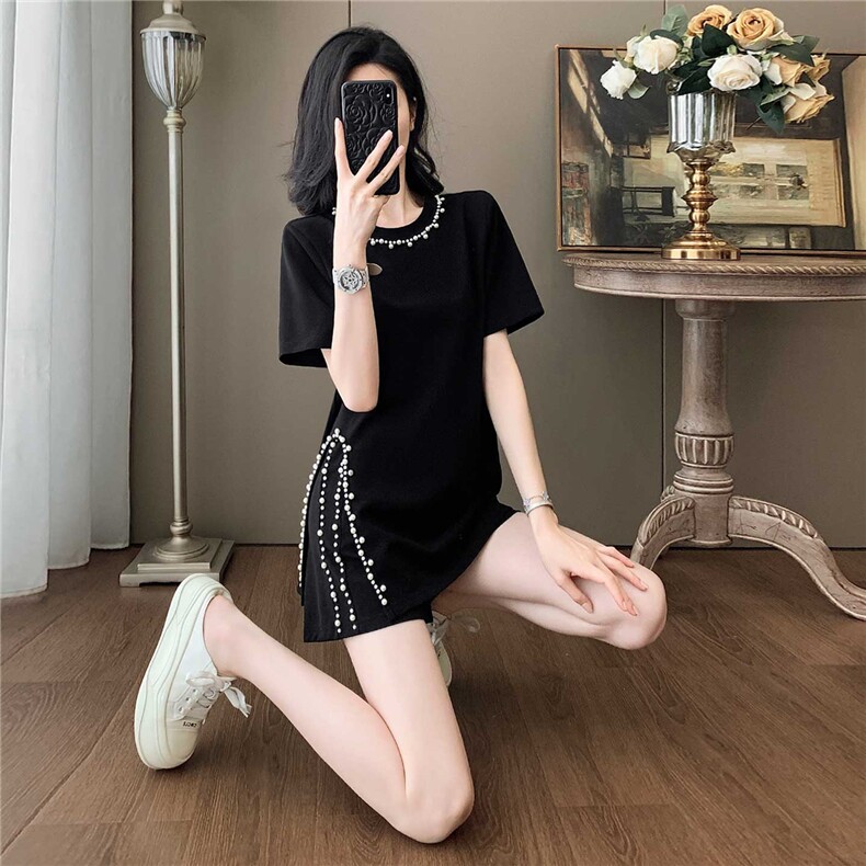 欧韩时尚套装女夏季新款圆领钉珠设计侧开叉不规则上衣短裤两件套,女装套装/套裙,江南