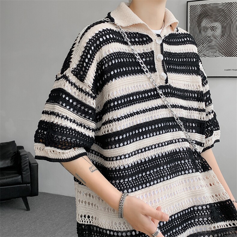 8XL-M特大码美式复古条纹撞色针织POLO衫翻领休闲短袖TDX311P35，男装Polo衫，电商D206-1