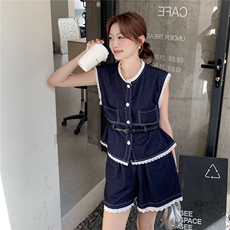 深蓝色蕾丝牛仔背心套装女2025夏季新款韩版小个子休闲短裤两件套，女装套装/套裙，2C325
